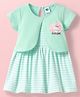 Teddy Sinker Knit Half Sleeves Striped Frock with Kitty Print - Sea Green