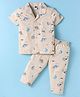 Teddy Sinker Knit Half Sleeves Night Suit with Bear Print - Tan