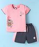 Teddy Sinker Knit Half Sleeves T-Shirt & Shorts Set With Teddy Bear Print - Light Red