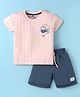 Teddy Sinker Knit Half Sleeves T-Shirt & Shorts Set With Teddy Bear Print - Peach