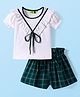 Tiara Cotton Jersey Half Puffed Sleeves Frill Detailed Top With High Waist Checked Shorts Set - White & Green