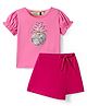 Tiara Cotton Jersey Half Puffed Sleeves Pineapple Sequin Embellished Top With Solid Skorts - Pink