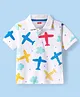 Babyhug Cotton Knit Half Sleeves Polo T-Shirt with Airplane Print - White