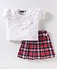 Tiara Cotton Spandex Half Puffed Sleeves Frill Detailed Solid Top With Checked Skirt Set - White & Red