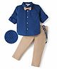 Mark & Mia Full Sleeves Printed Party Wear Shirt with Trouser Set with Suspender & Bow - Navy & Beige