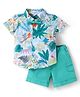 Mark & Mia Cotton Knit Half Sleeves T-Shirt & Shorts Set with Bow & Jungle Theme Print - Turquoise