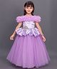 PinkChick Satin Off Shoulder Sleeves Ruffles & Diamond Embellished Gown - Lavender