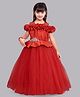 PinkChick Satin Off Shoulder Sleeves Ruffles & Diamond Embellished Gown - Red