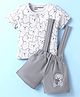 Little Darlings Sinker Knit Half Sleeves Half Sleeves T-Shirt & Shorts Set with Bear Print & Patch - White & Grey