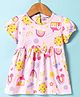 Little Darlings Sinker Knit Half Puffed Sleeves Rainbow & Floral Printed Frock with Bow Applique - Pink