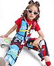OLLINGTON ST. Cotton Knit Text Printed Dungaree with Rib Half Sleeves Top - Red