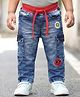 Babyoye Denim Woven Full Length Ribbed Waist Jeans with Sun & Smiley Patch Embroidery - Blue