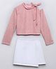Taffykids Full Sleeves Beads Embellished Floral Designed Cut Out Detail Party Top With Wrap Skirt Set - Peach & White