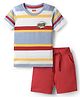 Babyhug Single Jersey Knit Half Sleeves Striped T-Shirt & Shorts Set With Cool Print - Multicolor