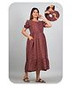Kaheksa Cotton Half Puffed Sleeves Abstract Printed Maternity Dress With Nursing Access - Maroon