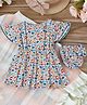 Bella Moda Cotton Half Sleeves Leaves Printed Dress With Bloomer - Multi Colour