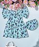 Bella Moda Cotton Half Flutter Sleeves Butterflies Printed Dress With Bloomer - Sky Blue
