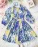 Bella Moda Cotton Full Off Shoulder Sleeves Floral Printed Smocked Dress - Blue