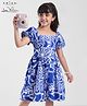 Arias 100% Cotton Woven Balloon Sleeves Frock with Floral Print - Blue & White