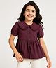 Arias 100% Cotton Half Puffed Sleeves Peter Pan Collared Frock Style Top with Frill Detailing at Collar - Maroon