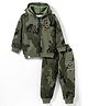 RUFF Fleece Knit Full Sleeves Hooded Sweatjacket & Lounge Pant Set With Camouflage Print & Badge Detailing - Olive Green