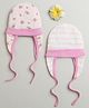 BUMZEE Cotton Pack Of 2 Striped & Floral Printed Tying Caps With Ear Flaps - Peach & White-  Diameter 38 Cms