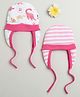 BUMZEE Cotton Pack Of 2 Striped & Dinosaurs Printed Tying Caps With Ear Flaps - Pink & White-  Diameter 38 Cms
