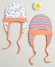 BUMZEE Cotton Pack Of 2 Striped & Animals Printed Tying Caps With Ear Flaps - Orange & Multi Colour-  Diameter 38 Cms