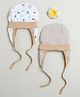 BUMZEE Cotton Pack Of 2 Striped & Vehicles Printed Tying Caps With Ear Flaps - Brown & White-  Diameter 38 Cms