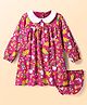 Babyhug Cotton Knit Full Peasant Sleeves Peter Pan Collared Frock with Bloomer & Floral Print - Dark Pink