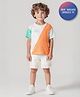 Bonfino 100% Cotton Knit Drop Shoulder Half Sleeves T-Shirt & Shorts Set With Cut & Sew Design & Little Champ Print - Off White & Orange