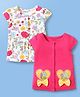 Babyoye 100% Cotton Knit Half Sleeves Front Open Jhablas with Floral Print & Bow Applique Pack of 2 - Dark Pink & White