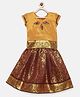 BABY Lakshmi Viscose Short Puffed Sleeves Ethnic Motif Foil Printed Pattu Pavadai Set - Mango Gold
