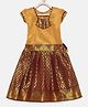 BABY Lakshmi Half Puffed Sleeves Patch Embroidered Abstract Foil Printed Pattu Pavadai Set - Mango Gold