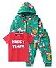 Babyhug Terry Knit  Full Sleeves Hooded Jacket with Happy Times Printed T-Shirt & Lounge Pants with Animal Print - Green & Red