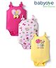 Babyoye 100% Cotton Knit Sleeveless Onesies with Floral Print & Bow Applique Pack Of 3 - Pink & Yellow