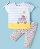 ToffyHouse Interlock Knit Half Sleeves Ice Cream Embroidered  T-Shirt & Lounge Pant Set with Floral Print & Bow Applique - White