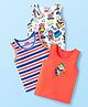 Babyhug 100% Cotton Knit Sleeveless Sandos With Stripes & Cub Print Pack of 3 - Blue Red & White