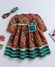 TINY MINY MEE Silk Half Sleeves Floral Printed Lace Embellished Dress With Headband & Pouch Attached Belt - Multi Colour