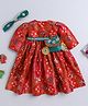 TINY MINY MEE Silk Half Sleeves Leaves Printed Mirror Work Detailed Dress With Headband & Pouch Attached Belt - Multi Colour