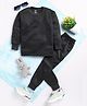TOONYPORT Woollen Blend Full Sleeves Self Striped Printed Thermal Tee & Coordinating Pant Set - Charcoal Grey
