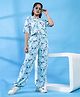 TeenTrums Rayon Half Sleeves Sea Shells Printed Top With Coordinating Joggers Set - White & Blue