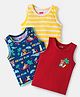 Babyhug 100% Cotton Knit Sleeveless Antibacterial Sandos Striped & Beach Theme Print Pack of 3 - Yellow Red Navy Blue