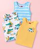 Babyhug 100% Cotton Knit Antibacterial Sleeveless Sandos with Stripes & Vehicle Print Pack of 3 -  Light Blue & Yellow