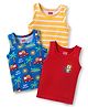 Babyhug 100% Cotton Knit Antibacterial Sleeveless Sandos with Stripes & Vehicle Print Pack of 3 - Navy Blue Red & Yellow