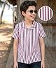 Kookie Kids Textured Knit Half Sleeves Striped Shirt - White & Maroon