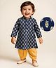 Earthy Touch Cotton Woven Full Sleeves Floral Printed Kurta Dhoti Set - Indigo