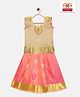 Kanakadara Pure Silk Sleeveless Floral Foil Printed & Threadwork Embroidered Pattu Pavadai Set - Beige