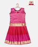Kanakadara Pure Silk Sleeveless Abstract Foil Printed & Colour Blocked Pattu Pavadai Set - Pink