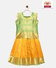 Kanakadara Pure Silk Sleeveless Ethnic Motifs Foil Printed Pattu Pavadai Set - Green & Yellow